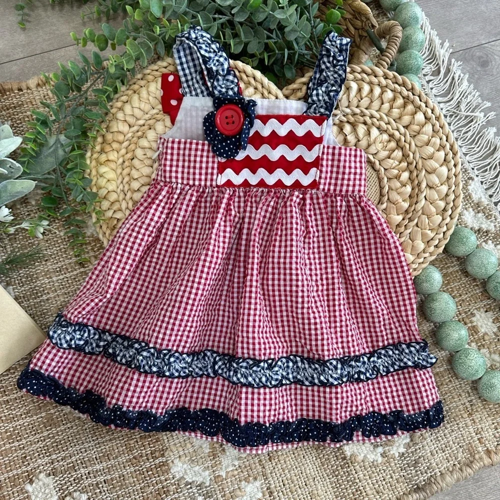 Bonnie Baby Girl’s 4th of July Gingham Dress Red White Blue Ruffle Patriotic